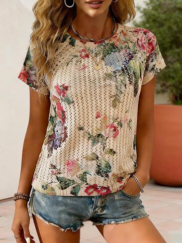 Floral Crochet Short Sleeve Top for Women, Casual Hollow Out Crew Neck Summer Blouse in Kuwait