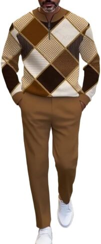 Men's casual half zipper sports suit, fashionable printed bathroom jogging pants two-piece set with pockets in Saudi Arabia
