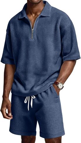 Mens 2 Piece Outfits Casual Quarter Zip Polo Shirts and Shorts Set Waffle Knit Lounge Sets Summer Tracksuit with Pockets in Kuwait