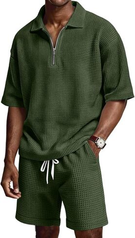 Mens 2 Piece Outfits Casual Quarter Zip Polo Shirts and Shorts Set Waffle Knit Lounge Sets Summer Tracksuit with Pockets in Kuwait