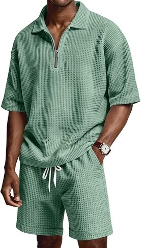 Mens 2 Piece Outfits Casual Quarter Zip Polo Shirts and Shorts Set Waffle Knit Lounge Sets Summer Tracksuit with Pockets in Kuwait