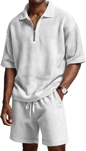 Mens 2 Piece Outfits Casual Quarter Zip Polo Shirts and Shorts Set Waffle Knit Lounge Sets Summer Tracksuit with Pockets in Kuwait