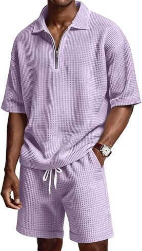 Mens 2 Piece Outfits Casual Quarter Zip Polo Shirts and Shorts Set Waffle Knit Lounge Sets Summer Tracksuit with Pockets in Kuwait