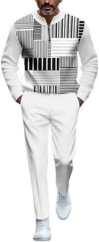 Men's casual half zipper sports suit, fashionable printed bathroom jogging pants two-piece set with pockets in Saudi Arabia