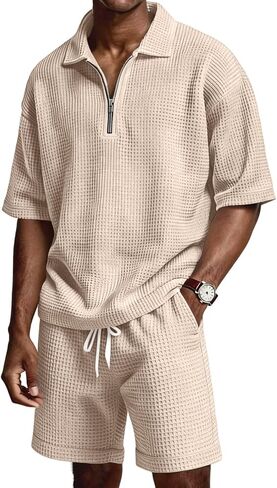 Mens 2 Piece Outfits Casual Quarter Zip Polo Shirts and Shorts Set Waffle Knit Lounge Sets Summer Tracksuit with Pockets in Kuwait