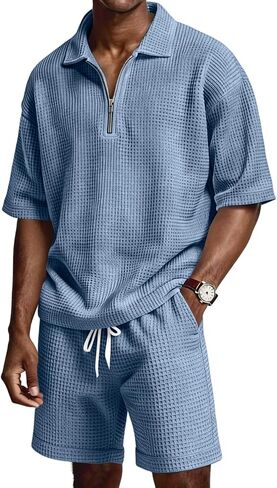 Mens 2 Piece Outfits Casual Quarter Zip Polo Shirts and Shorts Set Waffle Knit Lounge Sets Summer Tracksuit with Pockets in Kuwait