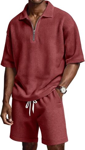Mens 2 Piece Outfits Casual Quarter Zip Polo Shirts and Shorts Set Waffle Knit Lounge Sets Summer Tracksuit with Pockets in Kuwait