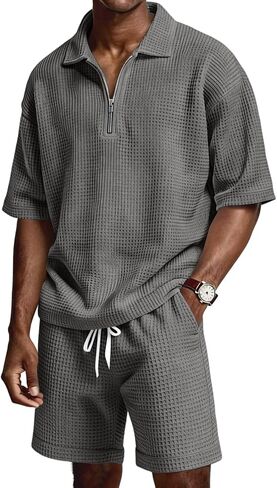 Mens 2 Piece Outfits Casual Quarter Zip Polo Shirts and Shorts Set Waffle Knit Lounge Sets Summer Tracksuit with Pockets in Kuwait