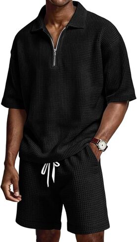 Mens 2 Piece Outfits Casual Quarter Zip Polo Shirts and Shorts Set Waffle Knit Lounge Sets Summer Tracksuit with Pockets in Kuwait