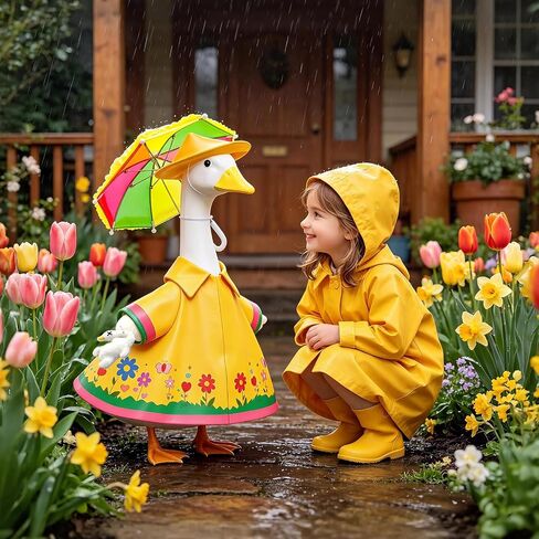 Raincoat Porch Goose Outfits, Upgrade 23'' Spring and Summer Lawn Goose Statue Raincoat Costume, Yard Goose Clothes Umbrella Hat Outfit for Patio Yard Decor in Kuwait