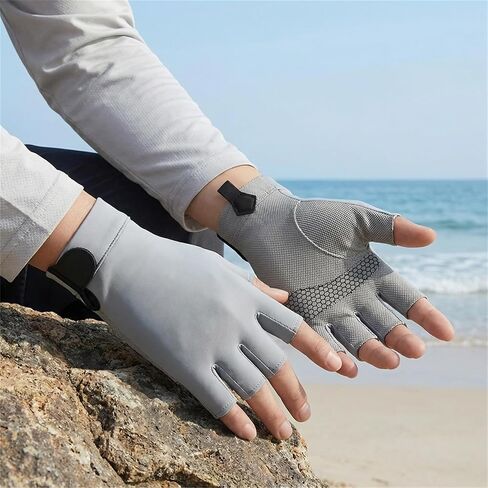 1 Pair Thin Ice Silk Sun Protection Half Finger Gloves for Men Women, Breathable Elastic Anti-Slip Outdoor with Hook and Loop in Kuwait