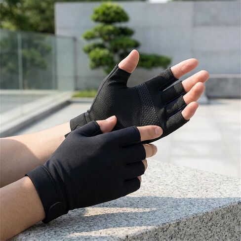 1 Pair Thin Ice Silk Sun Protection Half Finger Gloves for Men Women, Breathable Elastic Anti-Slip Outdoor with Hook and Loop in Kuwait