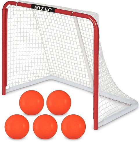Mylec Steel Junior Hockey Goal 52" x 43" with Sleeve Net System + 6-Pack No-Bounce Street Hockey Balls, Durable Indoor/Outdoor Net for Roller & Street Hockey Training in Kuwait