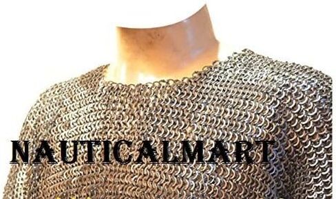 قميص بريد بسلسلة مسطحة بالكامل من NauticalMart مقاس كبير من العصور الوسطى Chainmail Haubereon فضي in Kuwait