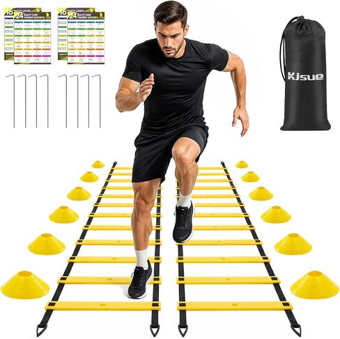 2 Pack 20ft Agility Ladder Set, 40ft Total Adjustable Speed Ladder with 12 Cones, 8 Stakes, 1 Carry Bag - Parallel Footwork Drills Gear for Football Soccer Basketball Training Equipment in Kuwait