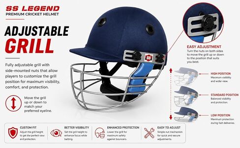 SS Cricket Legend Premium Cricket Helmet 'Multiple Sizes to Choose from (Large, Medium, Small), Color - Navy Blue in Kuwait