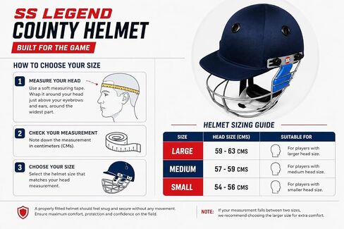 SS Cricket Legend Premium Cricket Helmet 'Multiple Sizes to Choose from (Large, Medium, Small), Color - Navy Blue in Kuwait