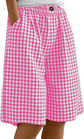 Women's Plaid Linen Bermuda Shorts Elastic Waist Lightweight Short Pant Summer Casual Loose Wide Leg Going Out Shorts in Kuwait