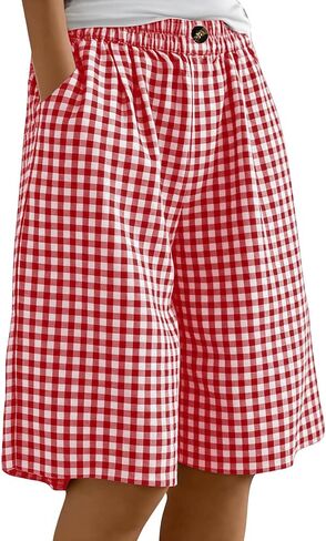 Women's Plaid Linen Bermuda Shorts Elastic Waist Lightweight Short Pant Summer Casual Loose Wide Leg Going Out Shorts in Kuwait