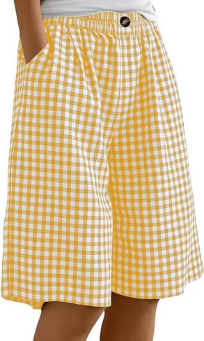Women's Plaid Linen Bermuda Shorts Elastic Waist Lightweight Short Pant Summer Casual Loose Wide Leg Going Out Shorts in Kuwait