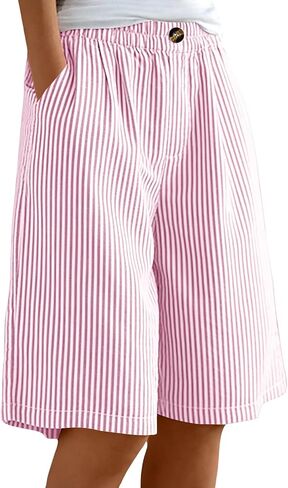Women's Plaid Linen Bermuda Shorts Elastic Waist Lightweight Short Pant Summer Casual Loose Wide Leg Going Out Shorts in Kuwait