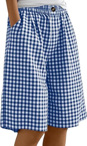 Women's Plaid Linen Bermuda Shorts Elastic Waist Lightweight Short Pant Summer Casual Loose Wide Leg Going Out Shorts in Kuwait