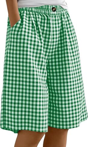 Women's Plaid Linen Bermuda Shorts Elastic Waist Lightweight Short Pant Summer Casual Loose Wide Leg Going Out Shorts in Kuwait