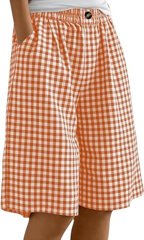 Women's Plaid Linen Bermuda Shorts Elastic Waist Lightweight Short Pant Summer Casual Loose Wide Leg Going Out Shorts in Kuwait