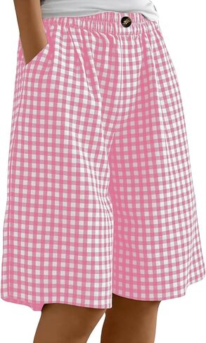 Women's Plaid Linen Bermuda Shorts Elastic Waist Lightweight Short Pant Summer Casual Loose Wide Leg Going Out Shorts in Kuwait