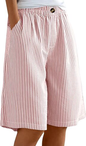 Women's Plaid Linen Bermuda Shorts Elastic Waist Lightweight Short Pant Summer Casual Loose Wide Leg Going Out Shorts in Kuwait
