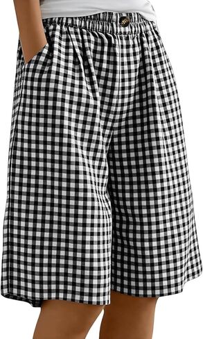 Women's Plaid Linen Bermuda Shorts Elastic Waist Lightweight Short Pant Summer Casual Loose Wide Leg Going Out Shorts in Kuwait