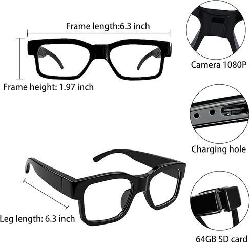 1080P HD Video Camera Glasses Outdoor Sports Action Portable Wearable Glasses Suitable for Driving, Cycling, Fishing, Hiking, Hunting（Include 64G Memory Card） in Kuwait