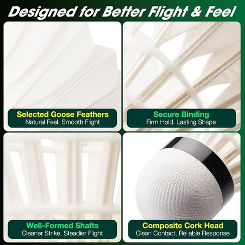 HIRALIY 4/10 Pack Goose Feather Badminton Shuttlecocks, Feather Badminton Birdies with Composite Cork Head, Stable Flight Badminton Balls for Indoor Outdoor Practic, Backyard Games and Clubs in Kuwait