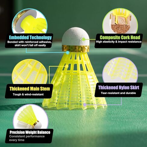 AboveGenius Badminton Birdies Nylon 12/36 PCS, Neon Yellow Badminton Shuttlecocks with Composite Cork Head, Speed 77 Wind Resistant Birdies for Outdoor Backyard Family Games, School PE & Club Training in Kuwait