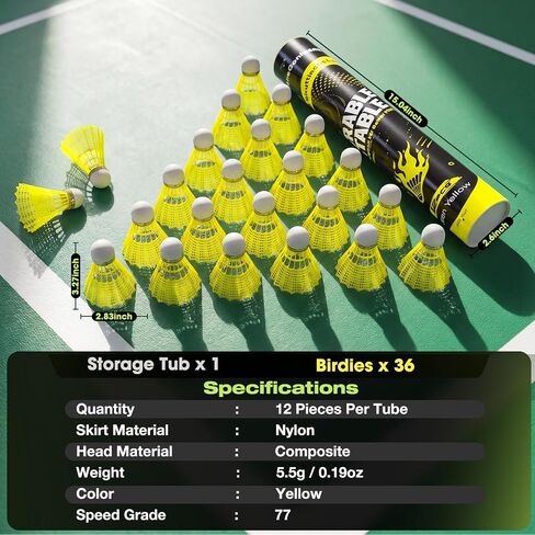AboveGenius Badminton Birdies Nylon 12/36 PCS, Neon Yellow Badminton Shuttlecocks with Composite Cork Head, Speed 77 Wind Resistant Birdies for Outdoor Backyard Family Games, School PE & Club Training in Kuwait