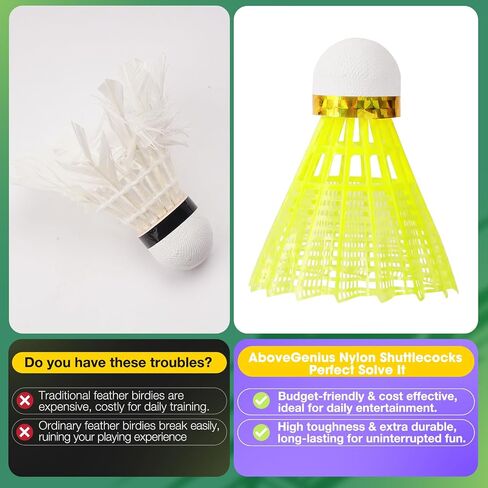 AboveGenius Badminton Birdies Nylon 12/36 PCS, Neon Yellow Badminton Shuttlecocks with Composite Cork Head, Speed 77 Wind Resistant Birdies for Outdoor Backyard Family Games, School PE & Club Training in Kuwait