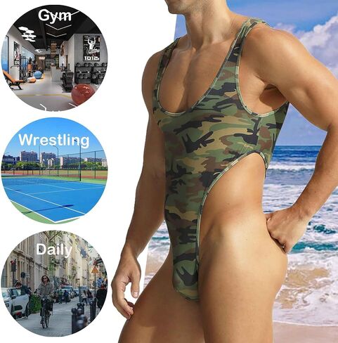 QiaTi Men’s Camouflage Bodysuit Thong Sleeveless Wrestling Singlet with Deep U-Back Stretchy Jockstrap Leotard for Men Daily in Kuwait