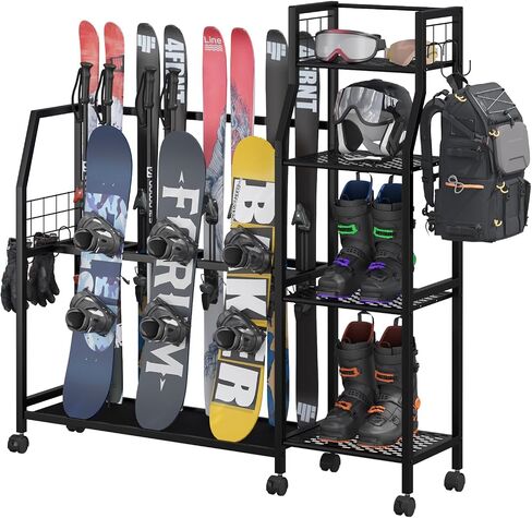 Kikihouse 4-Tier Freestanding Snowboard Rack for 4 Pairs of Skis, 3 Snowboards, Boots, Poles, Goggles, Helmets, Ski Storage Rack with Adjustable Shelves, Snowboard Stand for Home, Garage in Kuwait