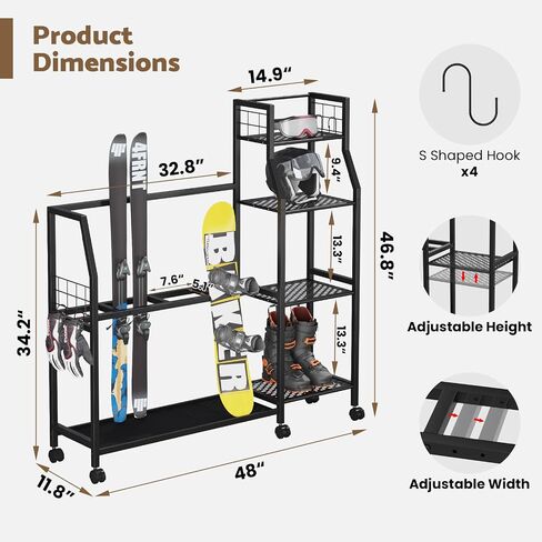 Kikihouse 4-Tier Freestanding Snowboard Rack for 4 Pairs of Skis, 3 Snowboards, Boots, Poles, Goggles, Helmets, Ski Storage Rack with Adjustable Shelves, Snowboard Stand for Home, Garage in Kuwait