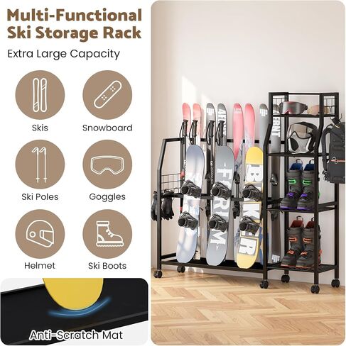 Kikihouse 4-Tier Freestanding Snowboard Rack for 4 Pairs of Skis, 3 Snowboards, Boots, Poles, Goggles, Helmets, Ski Storage Rack with Adjustable Shelves, Snowboard Stand for Home, Garage in Kuwait