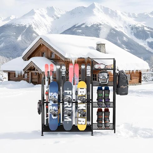 Kikihouse 4-Tier Freestanding Snowboard Rack for 4 Pairs of Skis, 3 Snowboards, Boots, Poles, Goggles, Helmets, Ski Storage Rack with Adjustable Shelves, Snowboard Stand for Home, Garage in Kuwait