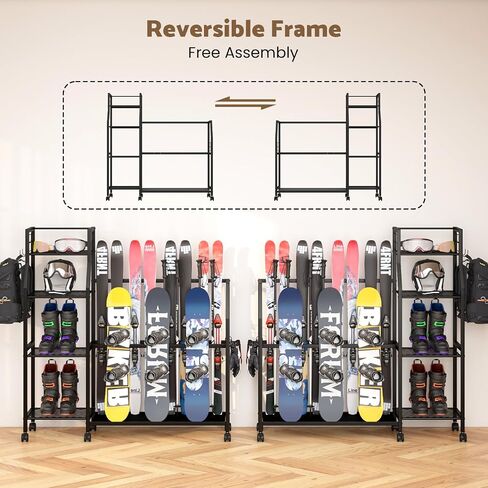 Kikihouse 4-Tier Freestanding Snowboard Rack for 4 Pairs of Skis, 3 Snowboards, Boots, Poles, Goggles, Helmets, Ski Storage Rack with Adjustable Shelves, Snowboard Stand for Home, Garage in Kuwait