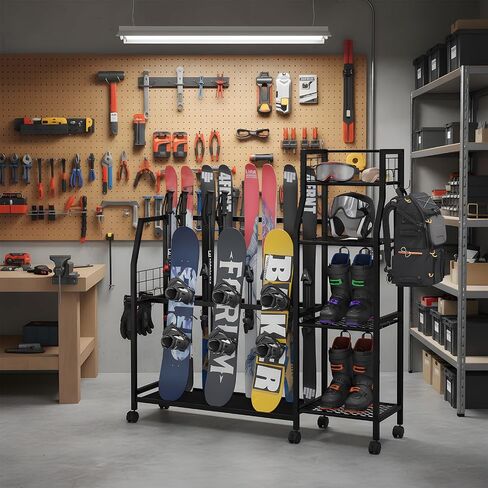 Kikihouse 4-Tier Freestanding Snowboard Rack for 4 Pairs of Skis, 3 Snowboards, Boots, Poles, Goggles, Helmets, Ski Storage Rack with Adjustable Shelves, Snowboard Stand for Home, Garage in Kuwait