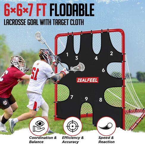 ZEALFEEL Lacrosse Goal 6x6x7Ft, Foldable Lacrosse Training Net with 9-Zone Target for Accuracy Practice, Heavy-Duty Steel Frame & Tear-Resistant Netting, Backyard Shooting Practice for Teens & Adults in Kuwait