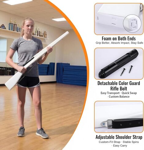 Color Guard Rifle, Wooden Drill Rifle with Glossy Finish, Leather Strap, Foam Padded Ends, 2 lbs Balanced Practice for Marching Band, Winter Guard, Includes 2 Rolls of Tape Black in Kuwait