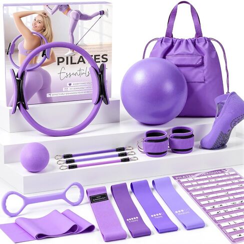 Pilates Kit, Pilates Equipment for Home Workouts, Home Pilates Essentials Kit for Women with Pilates Ring and Ball Set, Socks, Ankle Resistance Bands with Cuffs, Resistance Band and Massage Ball in Kuwait