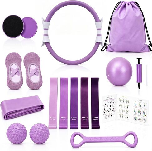 Hoikwo Purple TPE Pilates Kit for Home Workout, Complete Set with Pilates Ring, Resistance Bands, Yoga Ball, TPE Bands, TPR Massage Ball, Sliders, Along with an 8-Shape Band and Non-Slip Socks in Kuwait