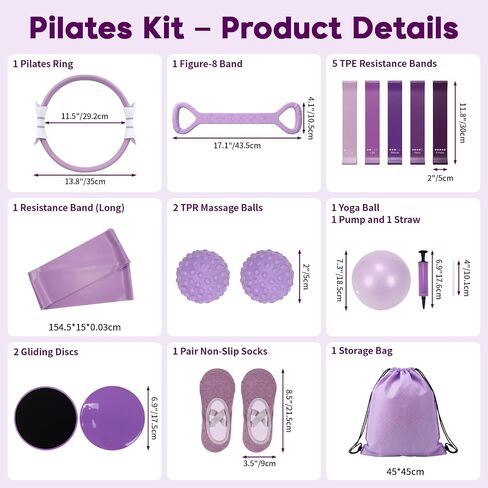 Hoikwo Purple TPE Pilates Kit for Home Workout, Complete Set with Pilates Ring, Resistance Bands, Yoga Ball, TPE Bands, TPR Massage Ball, Sliders, Along with an 8-Shape Band and Non-Slip Socks in Kuwait