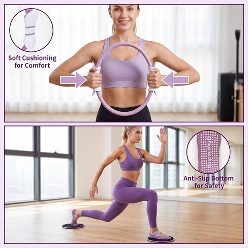 Hoikwo Purple TPE Pilates Kit for Home Workout, Complete Set with Pilates Ring, Resistance Bands, Yoga Ball, TPE Bands, TPR Massage Ball, Sliders, Along with an 8-Shape Band and Non-Slip Socks in Kuwait
