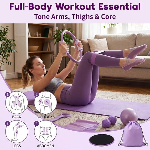 Hoikwo Purple TPE Pilates Kit for Home Workout, Complete Set with Pilates Ring, Resistance Bands, Yoga Ball, TPE Bands, TPR Massage Ball, Sliders, Along with an 8-Shape Band and Non-Slip Socks in Kuwait